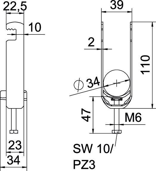 'Technische Zeichnung eines Bauteils mit Maßen: Höhe 110 mm, Breite 39 mm, Tiefe 34 mm. Gewinde M6, Bohrung Ø 22,5 mm, Abstand 47 mm.'