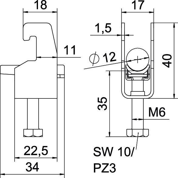'Technische Zeichnung eines Kabelhalters mit Maßen: Breite 18 mm, Höhe 40 mm, Schraubenöffnung M6. Enthält weitere spezifische Maßangaben.'