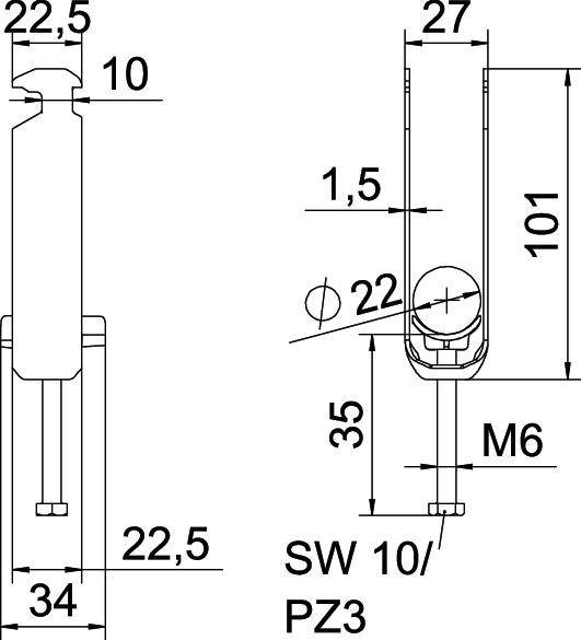 Technische Zeichnung eines Bauteils mit Maßen: 101 mm Höhe, 34 mm Breite. Enthält Gewinde M6 und Schraubenschlüsselgröße SW 10/PZ3.