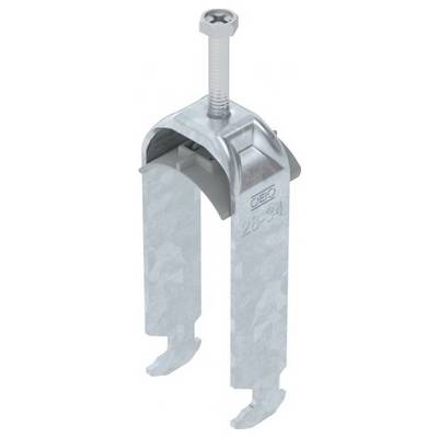 Metallklemme mit Schraubenbefestigung, entwickelt zum Sichern von Kabeln oder Rohren. Die Klemme verfügt über Markierungen mit 'OBO' und '25-34'.