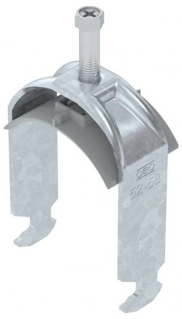 Eine Metallrohrschelle mit einem Bolzen oben zum Befestigen von Rohren, die eine halbkreisförmige Gestalt und zwei gerade Beine mit Haken an den Enden aufweist.