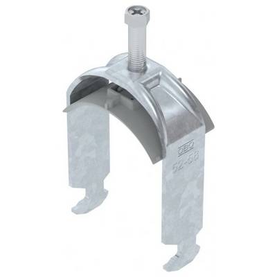 Eine Metallrohrschelle mit einem Bolzen oben zum Befestigen von Rohren, die eine halbkreisförmige Gestalt und zwei gerade Beine mit Haken an den Enden aufweist.