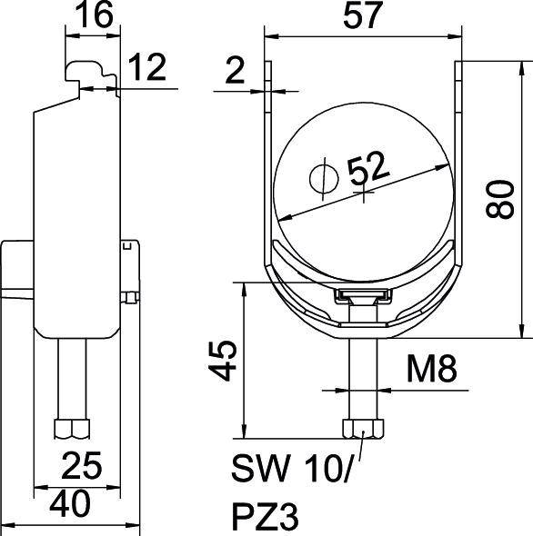 Technische Zeichnung einer zylindrischen Komponente mit Abmessungen. Seitliche und frontale Ansichten zeigen verschiedene Maße und Details.