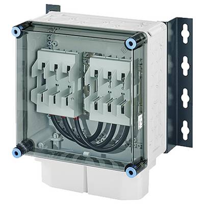 'Elektrischer Verteilerkasten mit transparentem Deckel zeigt mehrere Kabel und Anschlussklemmen im Inneren.'