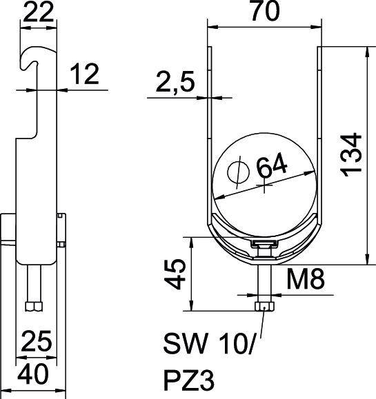 Technische Zeichnung eines Bauteils mit Abmessungen und Gewindeangaben, einschließlich einer M8-Schraube und den Maßen 134x70 mm.