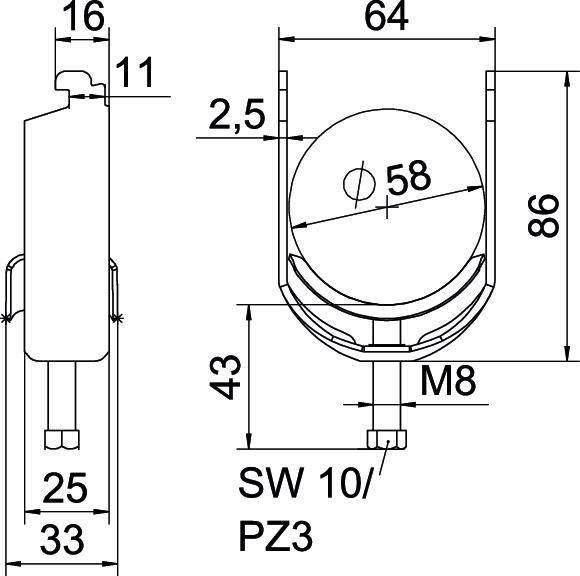 Technische Zeichnung eines zylindrischen Objekts mit Maßen und Schraubeninformationen: Durchmesser 58 mm, Höhe 86 mm, Gewinde M8.