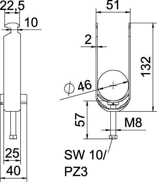 'Technische Zeichnung eines Bauteils mit Maßen: Länge 132 mm, Breite 51 mm. Verschraubung M8, Schlüsselweite 10, PZ3.'