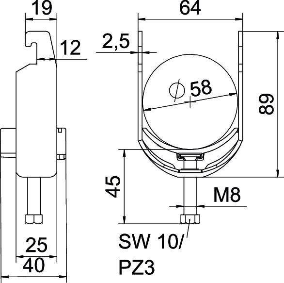 Technische Zeichnung eines Rades mit Maßen: 64 mm Breite, 89 mm Höhe, 58 mm Durchmesser; Schraube M8. Seiten- und Vorderansicht.