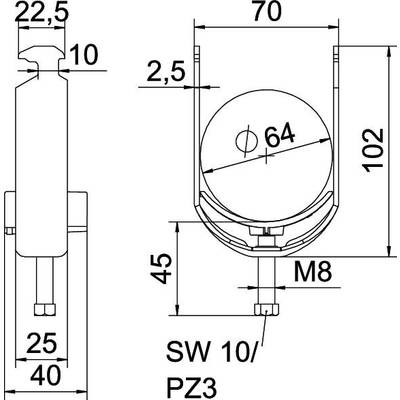 Technische Zeichnung eines Zylinders mit Maßen: Höhe 102 mm, Breite 70 mm. Schraubenschlüsselgröße SW 10/PZ3.