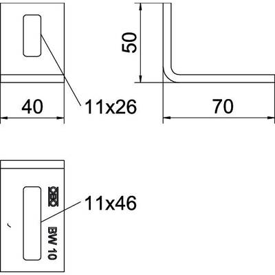 Technische Zeichnung eines Winkelprofils mit Abmessungen: 40 mm x 70 mm, Höhe 50 mm, mit Bohrungen 11x26 mm und 11x46 mm.