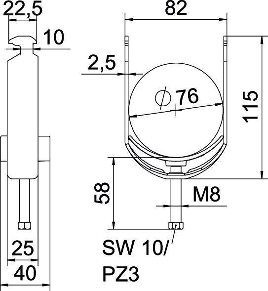 Technische Zeichnung eines zylindrischen Objekts mit Maßen: Durchmesser 76 mm, Höhe 115 mm, Verbindungen: M8, SW 10/PZ3.
