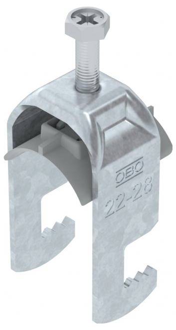Metallkabelklemme mit einem Schraubverschluss, gekennzeichnet mit 'OBO 22-28', entwickelt zur Befestigung von Kabeln.