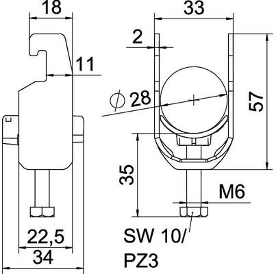 Technische Zeichnung eines Bauteils mit Maßen in Millimetern. Seitliche und frontale Ansicht mit Schrauben- und Sechskantmarkierung.