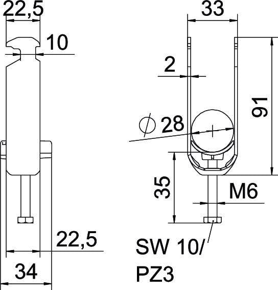 Technische Zeichnung eines Bauteils mit Maßen in Millimetern. Beinhaltet Abstände, Höhe, Gewindedurchmesser M6 und Einschraubahse SW 10/PZ3.
