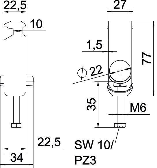 Technische Zeichnung einer Schraubverbindung mit Maßangaben. Links Profilansicht: Gesamtlänge 34 mm, Höhe 22,5 mm. Rechts Seitenansicht: Höhe 77 mm, Breite 27 mm, Gewinde M6, Schlüsselweite SW 10/PZ3.