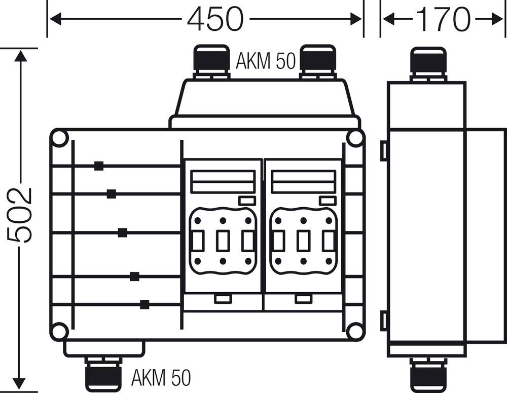 Technische Zeichnung eines elektrischen Bauteils mit Abmessungen; zeigt die Vorder- und Seitenansicht mit Maßen 450x502x170 mm.