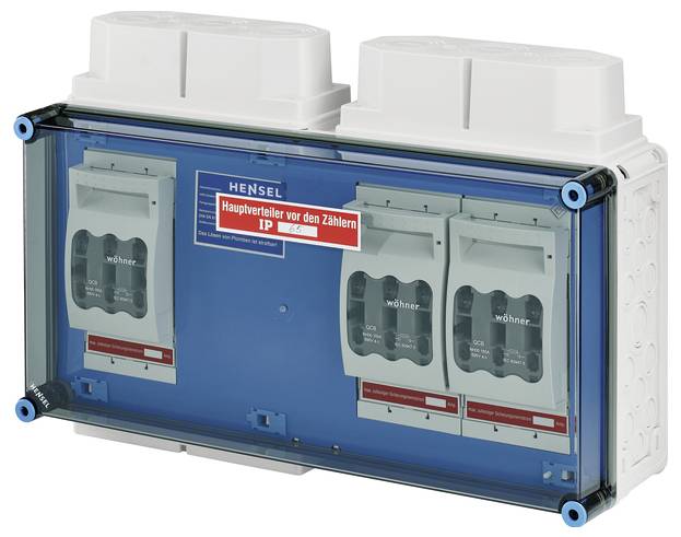Elektrischer Hauptverteilerkasten mit zwei Sicherungsmodulen, blau-transparentes Gehäuse. Etikett: 'Hauptverteiler vor den Zählern'.