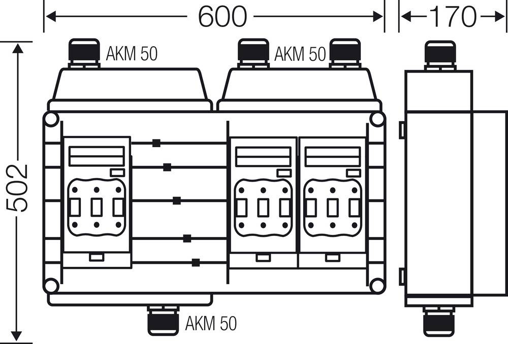 Technische Zeichnung einer elektrischen Anschlusseinheit mit Abmessungen: Breite 600 mm, Höhe 502 mm, Tiefe 170 mm. Markierungen 'AKM 50'.