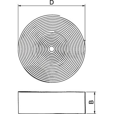 Spiralförmige Draufsicht eines Drahtes mit Durchmesser 'D' und Breite 'B'. Diagramm zeigt die Struktur und Dimensionierung.