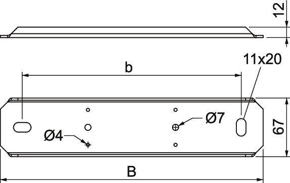 Technische Zeichnung eines Metallprofils mit Abmessungen: Länge 'b', Breite 'B', Höhe '12', Bohrungen Ø4, Ø7, und '11x20'.