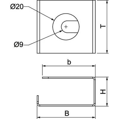 Technische Zeichnung eines Metallclips mit Maßen: Durchmesser 20 mm und 9 mm. Höhe (H), Breite (b, B) und Tiefe (T) sind angegeben.