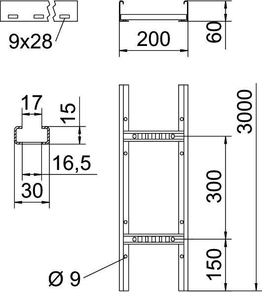 Technische Zeichnung eines Gerüsts mit Maßen: Höhe 3000 mm, Breite 200 mm. Querschnitt zeigt Details, inkl. Ø9 mm Bohrungen.