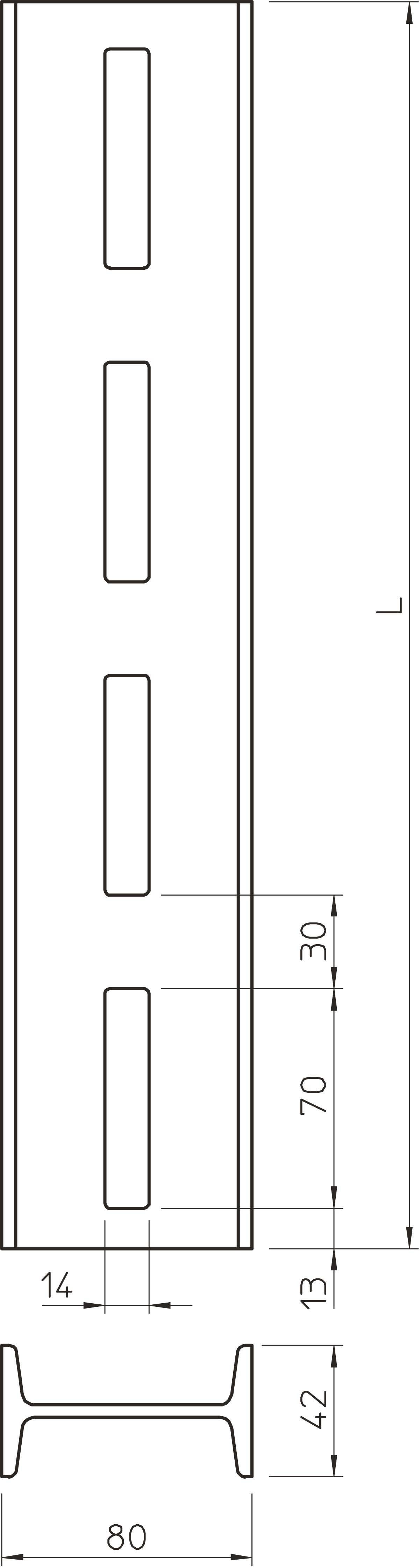 Technische Zeichnung eines Metallprofils mit Maßen: Länge L, Breite 80 mm, Höhe 42 mm. Löcher: 30 mm Höhe, 70 mm Abstand.