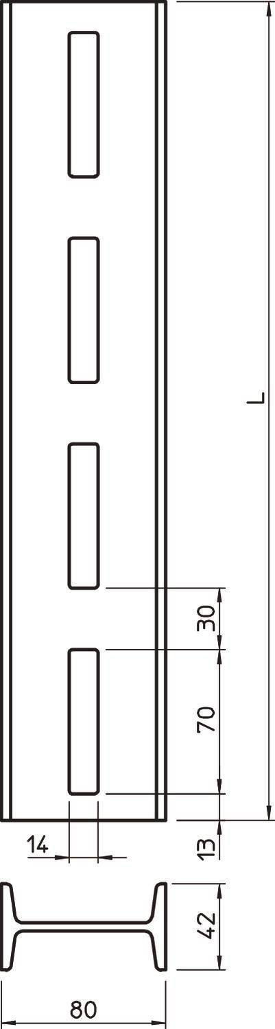 Technische Zeichnung eines Metallprofils mit rechteckigen Aussparungen; Maße: Länge L, Breite 80 mm, Höhe 42 mm, detaillierte Bemaßungen.