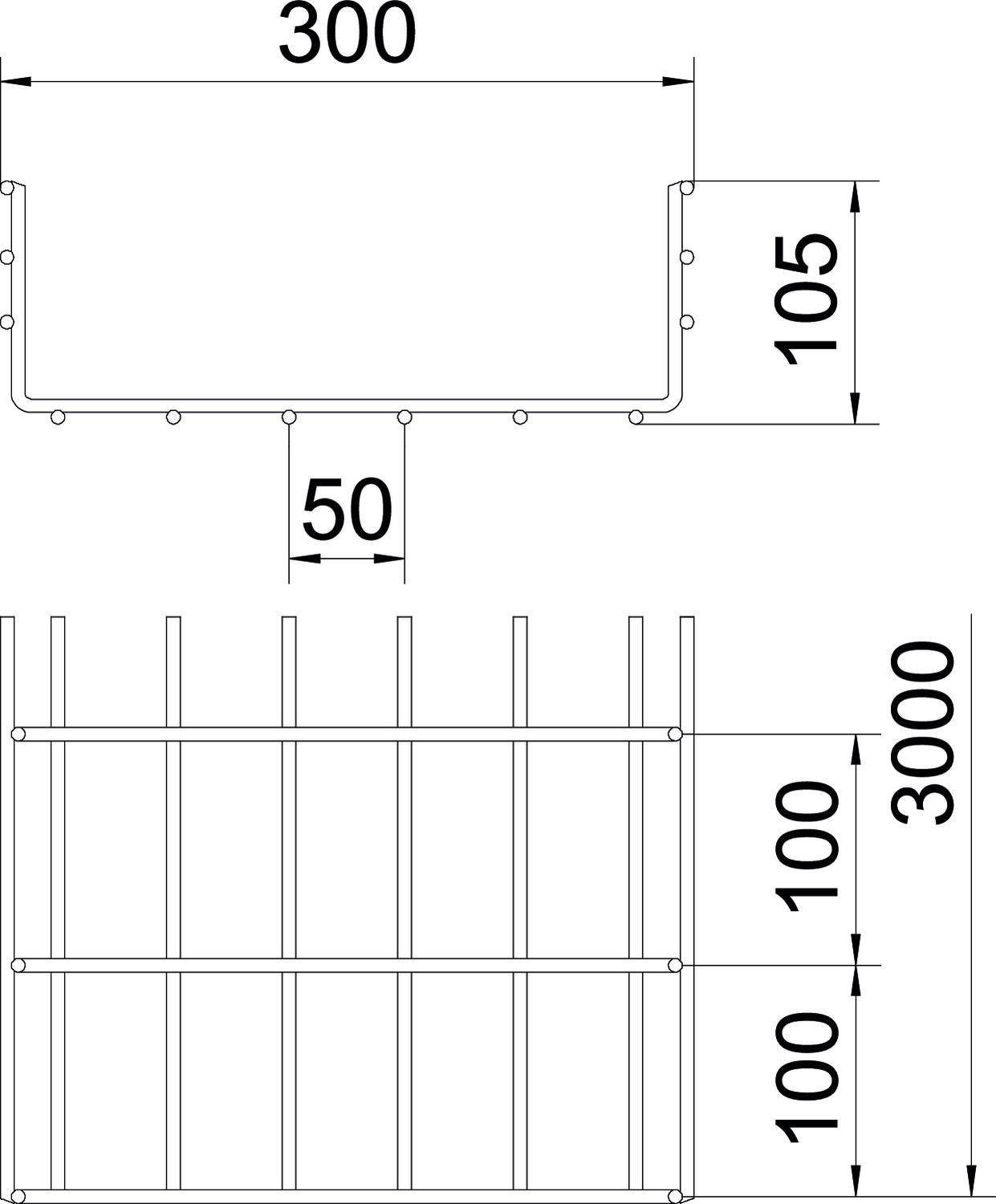 Technische Zeichnung eines rechteckigen Metallgestells mit Abmessungen. Oben Breite 300 mm, Tiefe 105 mm, unten Höhe 3000 mm, Strebenabstand 100 mm.