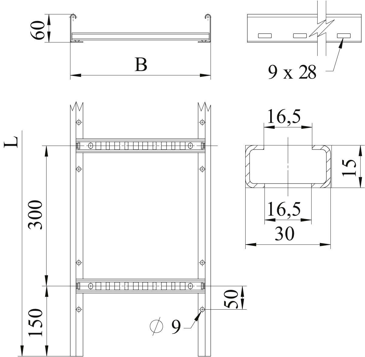 Technische Zeichnung eines Metallrahmens mit Abmessungen. Oben Breite (B), Länge (L) und Höhe (60, 300, 50). Detailansicht mit Bohrungen (9 x 28, Ø 9) und Querschnitt (16,5 x 30, Tiefe 15).