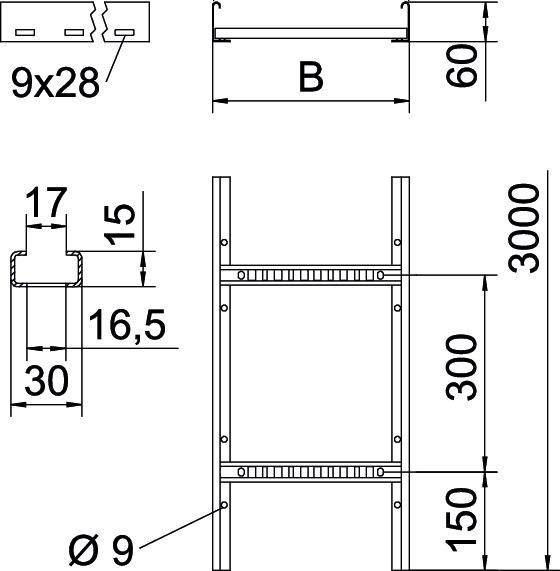 Technische Zeichnung eines Metallgerüstprofils: Maße 3000 x 60 mm, mit Details zu Querschnitt, Bohrungen und Abständen.