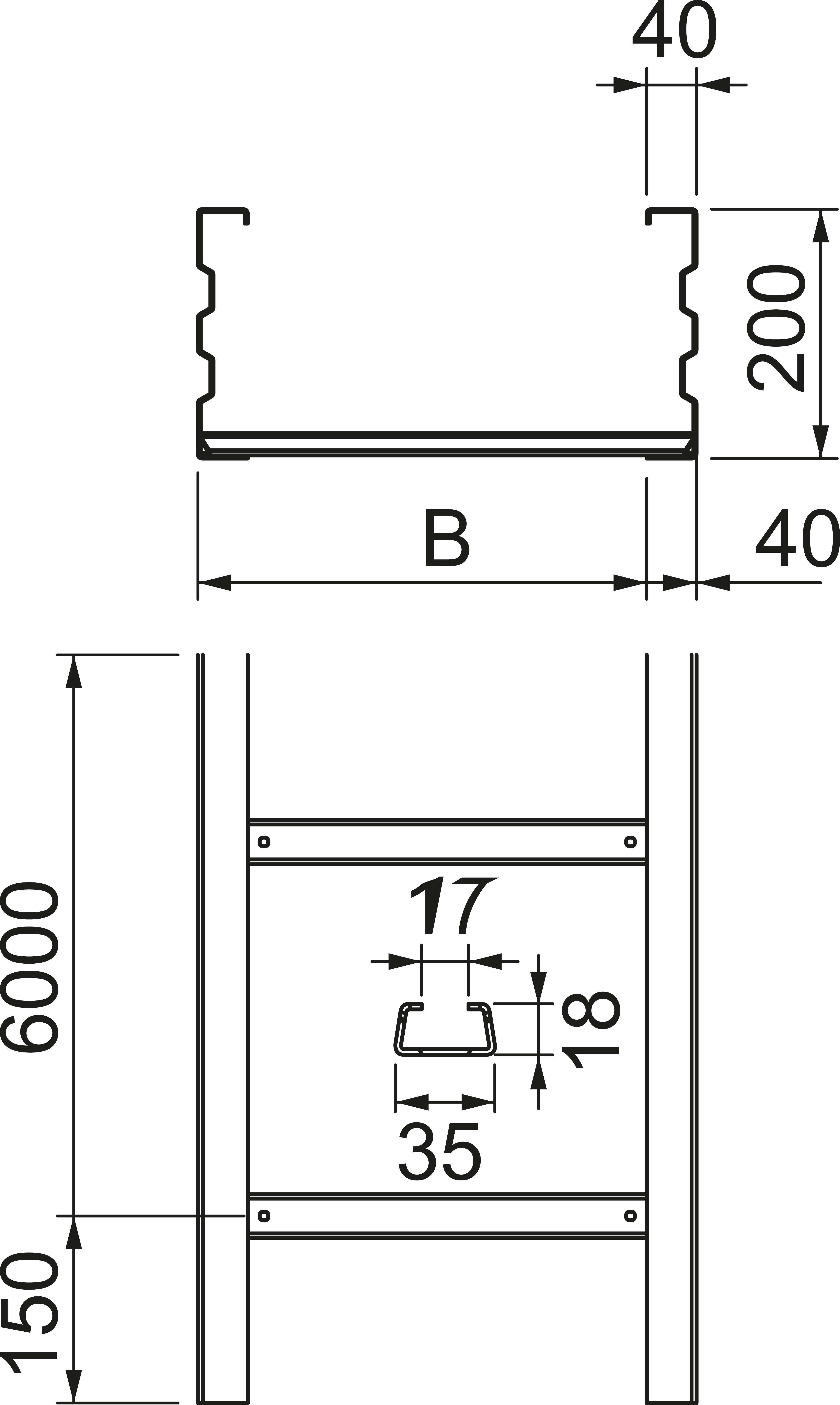 Technische Zeichnung eines Metallprofils mit Maßen. Oberes Profil: 40 mm Breite, 200 mm Höhe. Seitenansicht: 6000 mm Länge, 150 mm Breite.