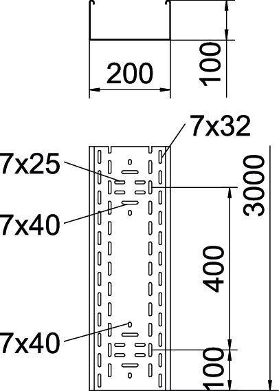 Diagramm einer Stahlträgerkonstruktion mit Bemaßungen: Gesamtlänge 3000 mm, Breite 200 mm, Höhe 100 mm. Maße der Bohrungen: 7x25, 7x32, 7x40.