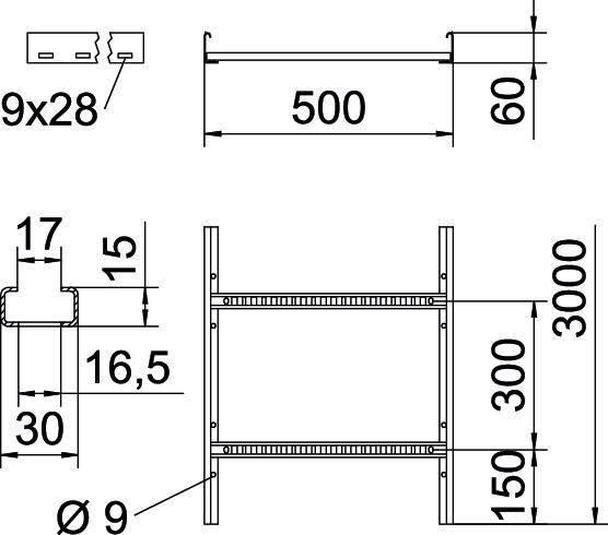 'Technische Zeichnung eines Regalsystems mit Maßen: Höhe 3000 mm, Breite 500 mm, Tiefe 60 mm. Details beinhalten Klammergrößen und Querstreben.'