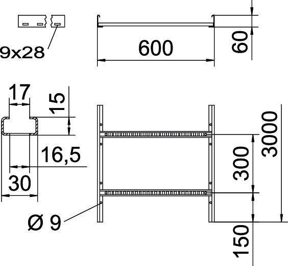 Technische Zeichnung eines Regals mit Maßen: Breite 600 mm, Tiefe 60 mm, Höhe 3000 mm. Abschnitte 300 mm. Materialstärke 17 mm.