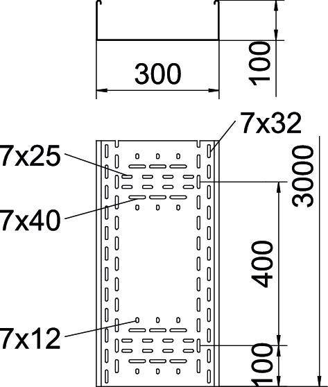 Diagramm einer Metallplatte mit Maßen: 300 mm Breite, 3000 mm Höhe; Löcher von 7x25 mm, 7x32 mm, 7x40 mm, 7x12 mm.