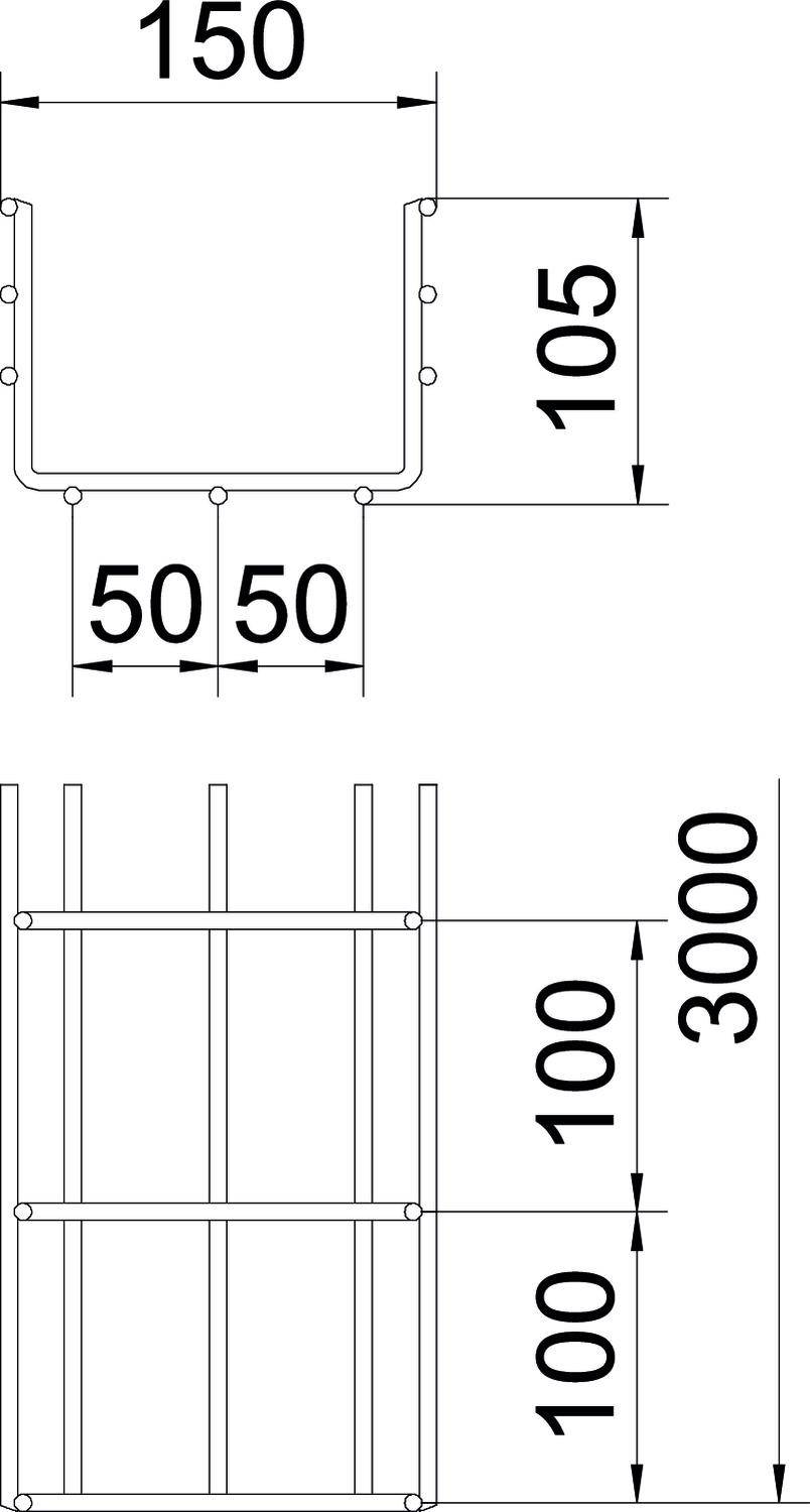 Technische Zeichnung eines Bauteils mit U-Form. Bemaßungen: Breite 150 mm, Höhe 105 mm, seitliche Abstände 50 mm. Vertikale Strukturen 100 mm voneinander entfernt.