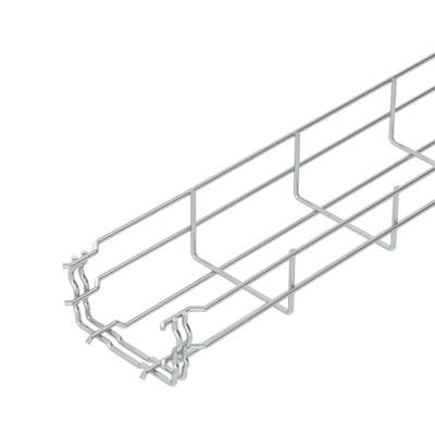 Ein Drahtkorb zur Kabelverlegung, rechteckig, aus silbernem Metallgeflecht, zeigt seine offene Struktur und Ecken.