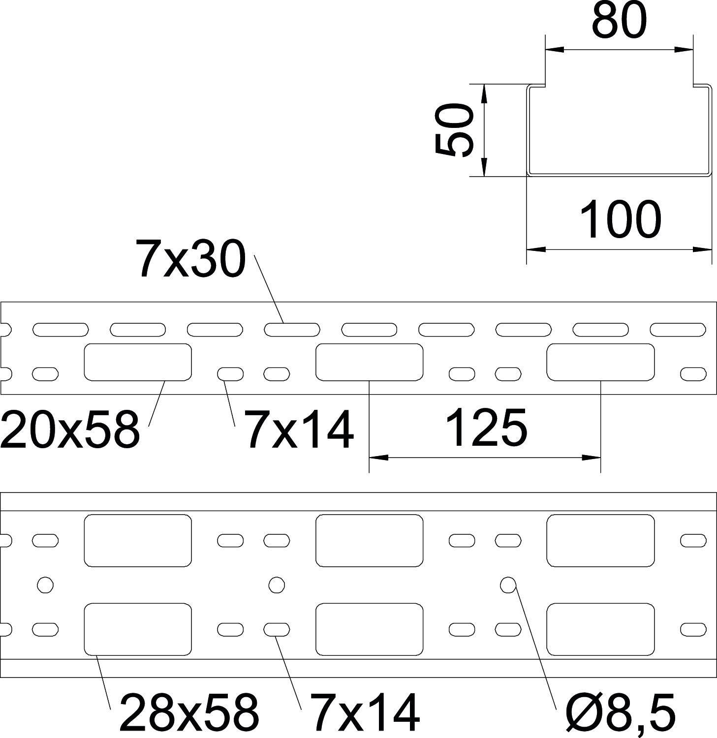 Technische Zeichnung eines Metallprofils mit Maßen: 100x50 und 80mm Breite. Weitere Details: Löcher 20x58, 28x58 und 7x14mm.