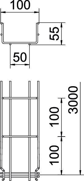 Diagramm einer rechteckigen Stahlstrebe mit Maßen: 100x50 mm Querschnitt, Höhe 55 mm; Höhe des gesamten Gerüsts: 3000 mm.