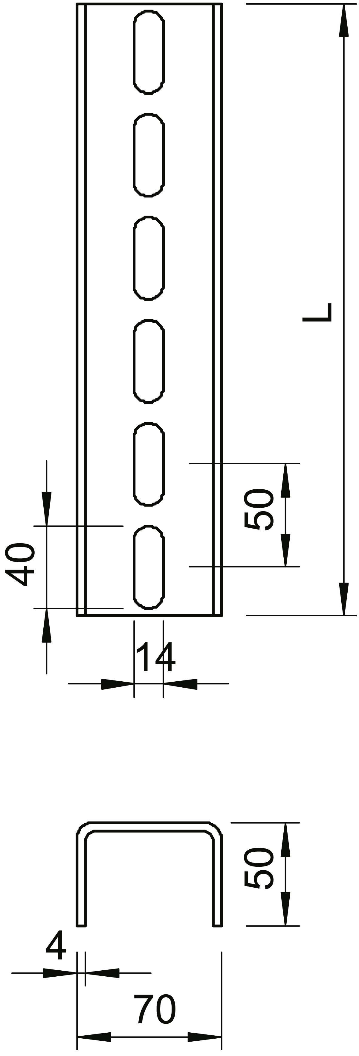 Technische Zeichnung eines U-Profils mit rechteckigen Löchern. Maße: Breite 40 mm, Höhe 50 mm, Länge 'L', Lochabstand 50 mm.