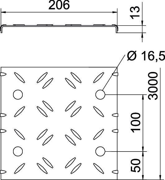 Technische Zeichnung eines rechteckigen Lochblechs. Maße: 206 mm x 3000 mm. Lochdurchmesser: 16,5 mm. Lochabstand: 100 mm.