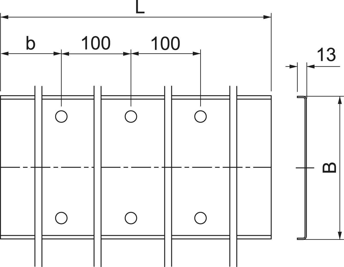Technische Zeichnung einer Metallplatte mit Bohrungen. Maße und Abstände sind angegeben: 'b', 'L', '13', 'B', und '100'.