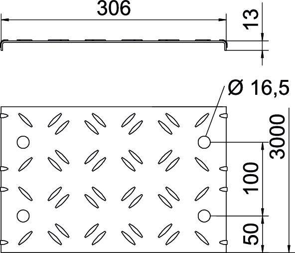 Technische Zeichnung eines rechteckigen Blechs mit Abmessungen: Länge 3000 mm, Breite 306 mm, Dicke 13 mm, Löcher Ø 16,5 mm.
