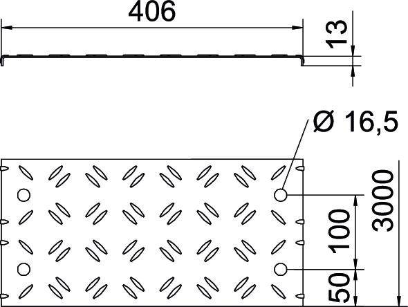 Technische Zeichnung eines Riffelblechs. Maße: Breite 406 mm, Höhe 13 mm, Länge 3000 mm, Lochdurchmesser 16,5 mm.