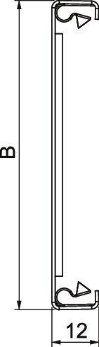 Technische Zeichnung eines Profils mit einer Länge 'B' und Breite von 12 mm, zeigt die Querschnittsform mit Pfeilen an den Enden.