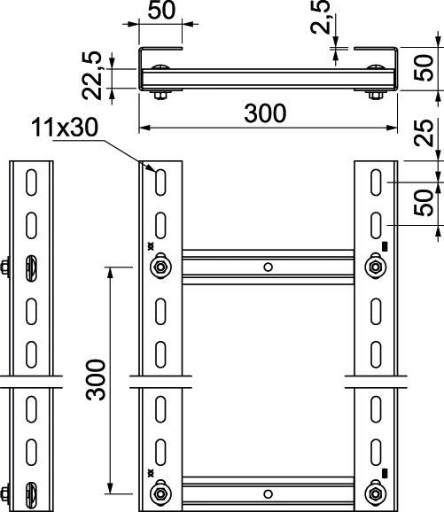 Technische Zeichnung eines Metallträgers mit Maßen: Breite 300 mm, Höhe 50 mm. Details zeigen Bohrungen und Dimensionen.