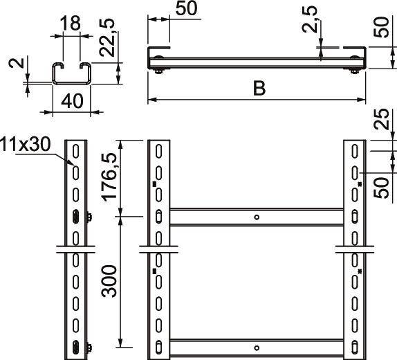 Technische Zeichnung einer Metallhalterung mit Maßen. Breite 'B' variabel, Höhe 300 mm. Längs- und Querschnittsansichten.
