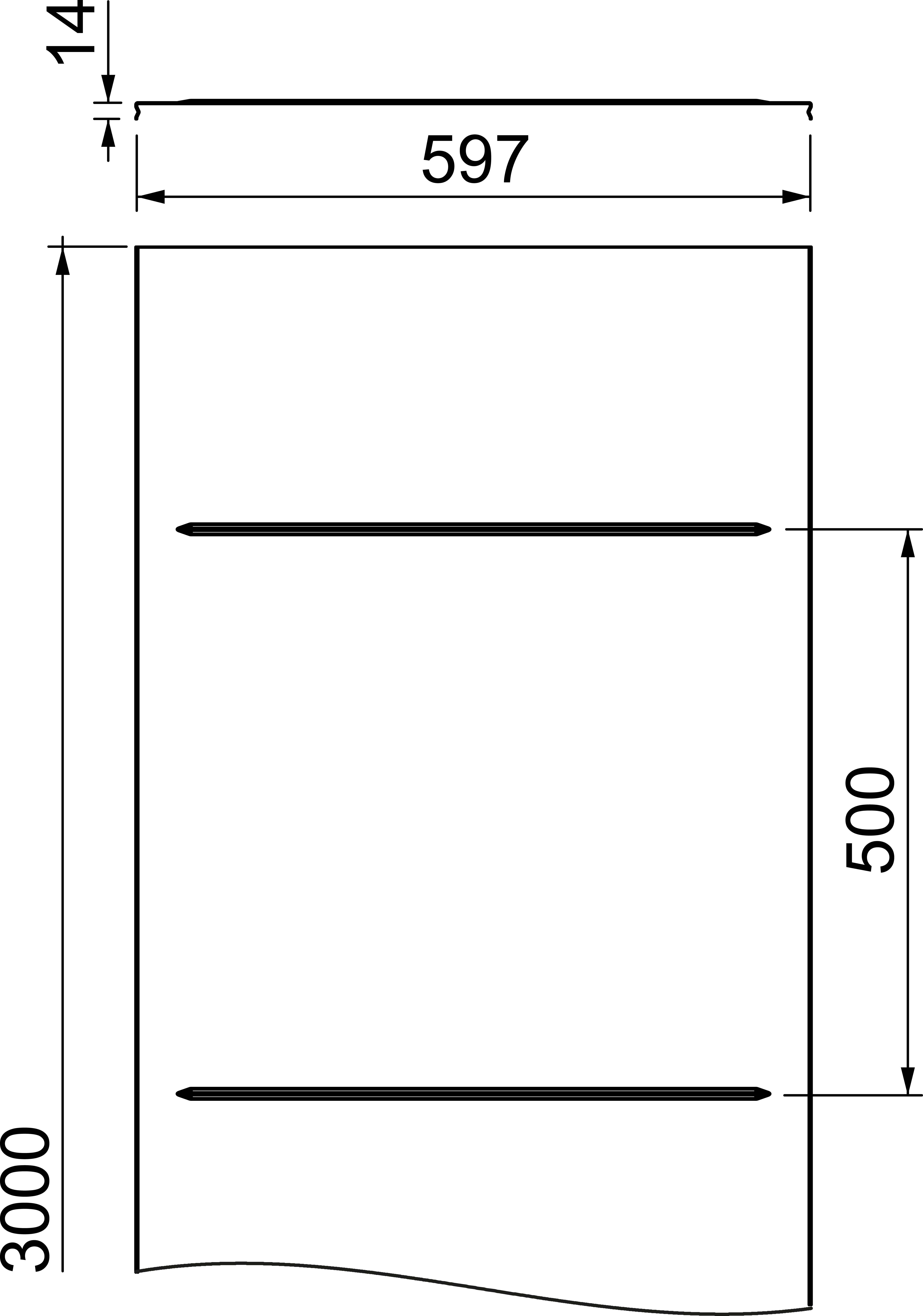 Technische Zeichnung eines Rechtecks mit den Maßen 3000 x 597 mm. Zwei horizontale Linien befinden sich im oberen Bereich, Abstand zueinander 500 mm.