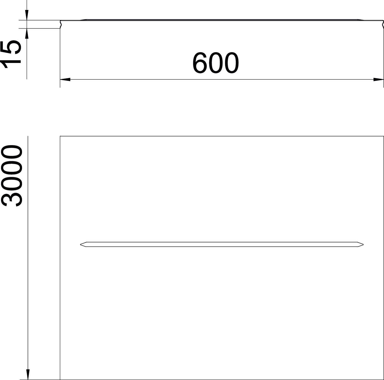 Technische Zeichnung eines rechteckigen Objekts mit den Maßen 600 mm Breite und 3000 mm Höhe, zeigt horizontale Linie.